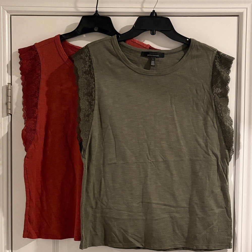 White House Black Market Olive Green & Rust Lace-Trim Tank Tops